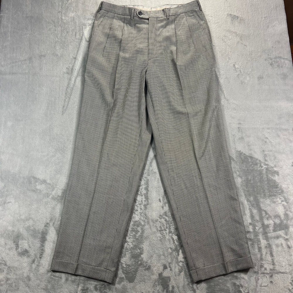 Santorelli Super 100s Wool Trousers Mens 34x29 Grey Houndstooth Pleated Italy